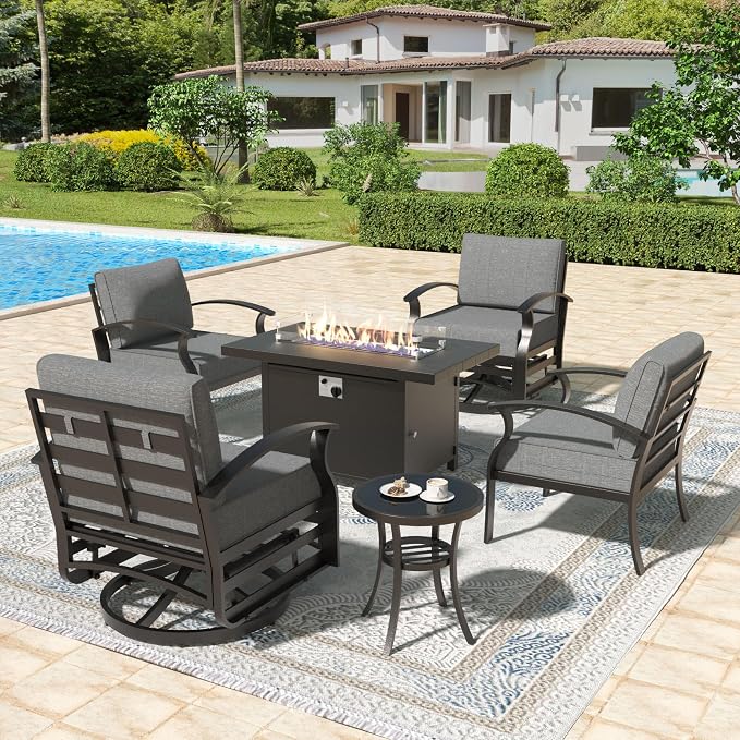 Aluminum Patio Furniture Set with 55,000 BTU Propane Fire Pit Table, 4 Seats Metal Modern Outdoor Furniture w/5.1" Cushions, Sectional w/Swivel Chairs for Backyard, Grey