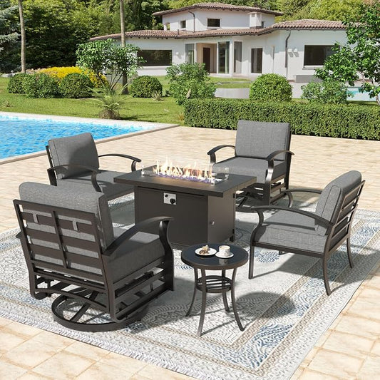 Aluminum Patio Furniture Set with 55,000 BTU Propane Fire Pit Table, 4 Seats Metal Modern Outdoor Furniture w/5.1" Cushions, Sectional w/Swivel Chairs for Backyard, Grey