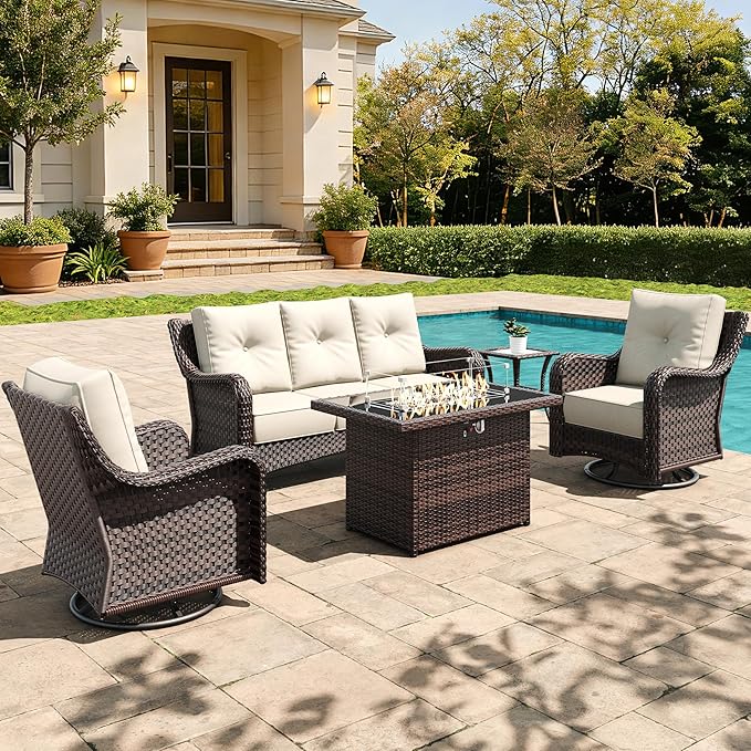 5 Pieces Outdoor Furniture Set with 6-inch Cushions, High Back Wicker Swivel Rocker Chairs with Fire Pit Table, Luxury Conversation Set for Deck Patio and Poolside