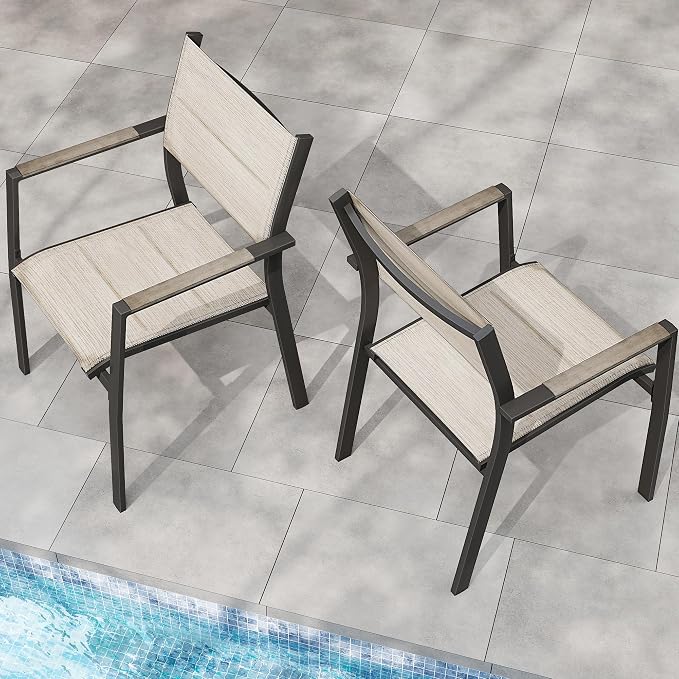 Outdoor Patio Dining Chairs Set of 2, Light Weight Aluminum Frame with Textilene Fabric & Wood-Like Armrest, 275 LBS Capacity, Outdoor Stackable Chairs for Poolside Lawn Garden, Grey Armrest