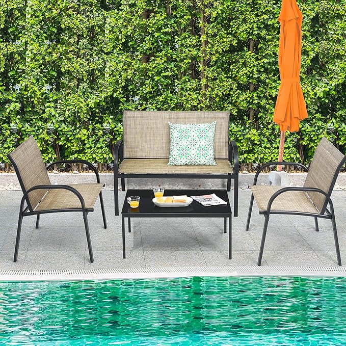 Tangkula 4 Pieces Patio Furniture Set, Metal Frame Heavy Duty Outdoor Conversation Set, Includes Glass Top Coffee Table, 2 Armrest Chairs and Loveseat, Suitable for Lawn Garden Porch Balcony (Brown)