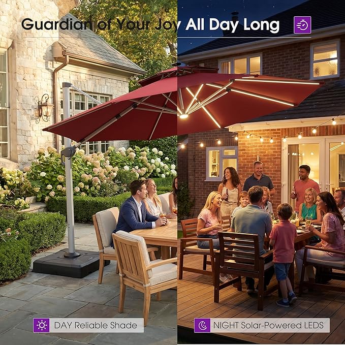 PURPLE LEAF Cantilever Umbrella with Base 13ft Outdoor Round Patio Solar Powered LED Umbrella with 360-degree Rotation for Garden Deck Pool Patio, Brick Red