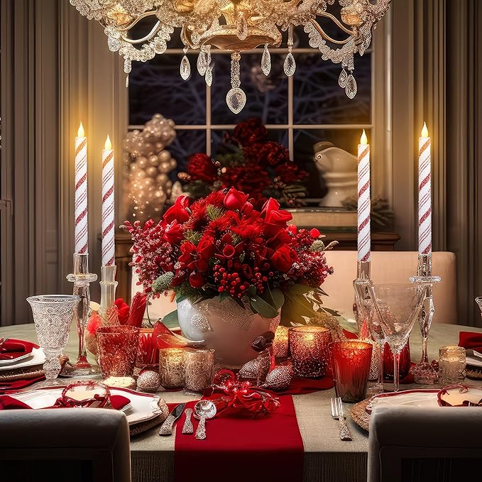 6PCS Christmas Candy Cane Flameless Taper Candles, Candy Cane Candlesticks Red and White Stripes Sea Salt Real Wax Flickering LED Battery Operated Candles for Xmas Centerpiece Decor Home Decoration