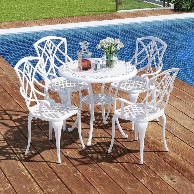 Tangkula 5 Pieces Cast Aluminum Outdoor Dining Set, Round Dining Table with 2” Umbrella Hole & 4 Armchairs, All-Weather Outdoor Furniture Set for Patio, Balcony, Garden & Backyard, White