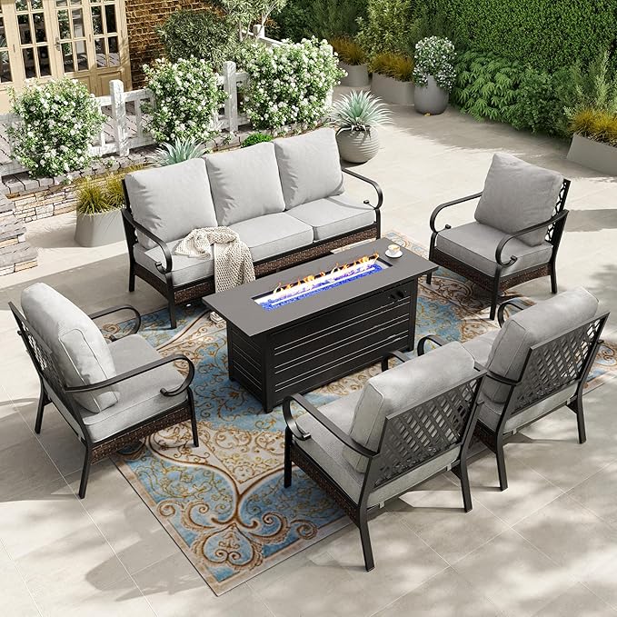 HERA'S HOUSE 6 Piece Metal Patio Furniture Set with 56" Fire Pit Table, All Weather Outdoor Conversation Set, 3 Seat Sofa, 4 Fixed Chairs with Cushions, Seats 7 for Backyard, Garden, Deck, Light Grey