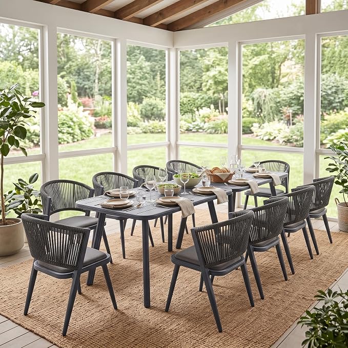 12-Pcs Aluminum Outdoor Dining Set, All-Weather Rattan Patio Furniture Set Include Two 51.2" Rectangular Tables & 10 PE Wicker Chairs with Waterproof Cushions for Backyard Deck Party & Holiday (Grey)
