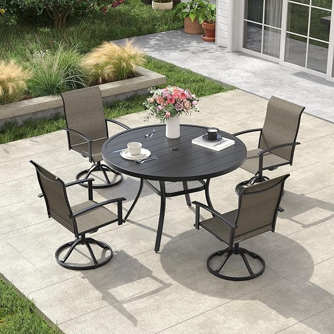 VICLLAX Outdoor Table and Chairs Set for 4, Patio Dining Set of 40.7" Metal Round Patio Table with Umbrella Hole & 4 Swivel Outdoor Dining Chairs for Backyard Lawn, Mixed Brown & Black