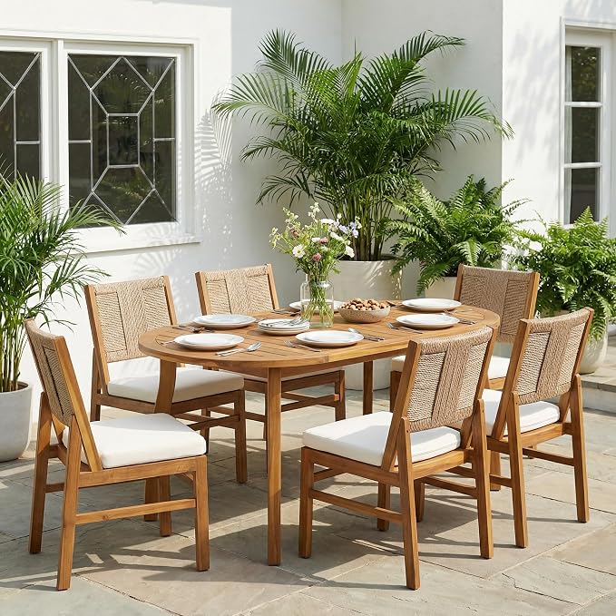 Christopher Knight Home 7 Piece Outdoor Dining Set with 70 Inch Oval Acacia Wood Patio Table and 6 Wicker Woven Dining Chairs with Cushions, Teak Finish Outdoor Table and Chairs for Patio Deck Garden