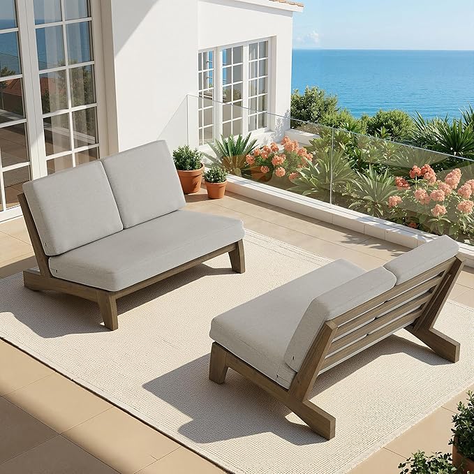 UIXE All Weather Wood Patio Furniture Sets, 3 Pieces Patio Loveseat Sofa Outdoor Sectional Futniture Backyard Conversation Set with Solid Wooden Coffee Table - Light Camel