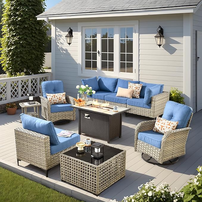Outdoor Patio Furniture Sets,9 PCS Patio Conversation Set Outside Rattan Sectional Sofa with 42 in Fire Pit Table Wicker Rocking Chair Coffee Table Fit Backyard Porch Garden Poolside Balcony