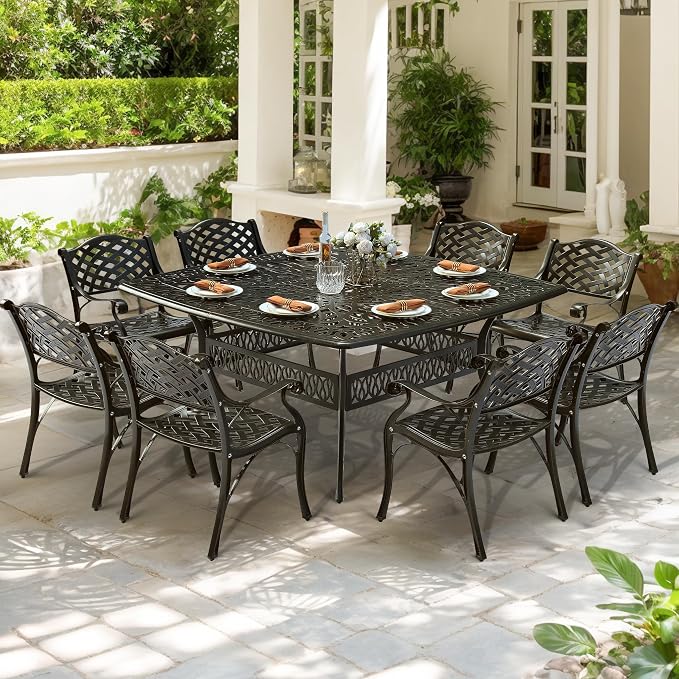 9-Piece Patio Cast Aluminum Dining Set, Outdoor Table and Chairs Set for 8, Includes 64" Large Square Dining Table and 8 Chairs with Umbrella Hole, Patio Furniture Set for Deck Garden