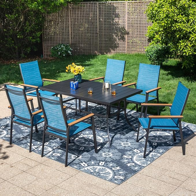 PHI VILLA 7 PCS Patio Dining Set, Metal Outdoor Furniture with 59"x35.4" Dining Table & 6 Stackable Aluminum Textilene Chairs, Patio Table and Chairs for Deck Garden Poolside, Blue