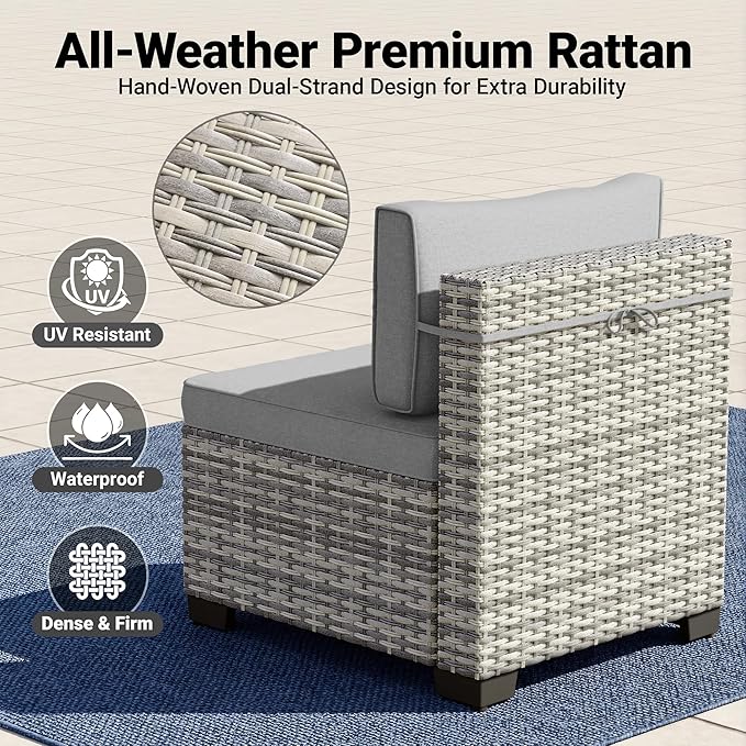 14-Piece Patio Furniture Set, Outdoor Sectional with Thick Cushions, Modular Patio Sofa, Dual-Strand Wicker Rattan, Rust-Resistant Frame, Backyard Furniture for Garden, Deck, Gray
