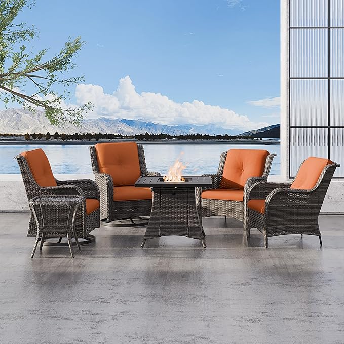 6 Pcs Patio Furniture Set with Fire Table-31'' Fire Pit Table, 1 Side Table, 4 Outdoor Rattan Wicker Conversation Chairs (2 Fixed & 2 Swivel) （Orange）