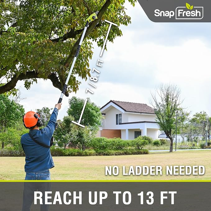 SnapFresh Brushless Cordless Pole Saw, 20V Lightweight Electric Tree Trimmer with 4.0Ah Battery & Fast Charger, 13 ft Reach,8” Cutting Bar, 3 Adjustable Angles, Auto-Oiling for Backyard Tree Trimming
