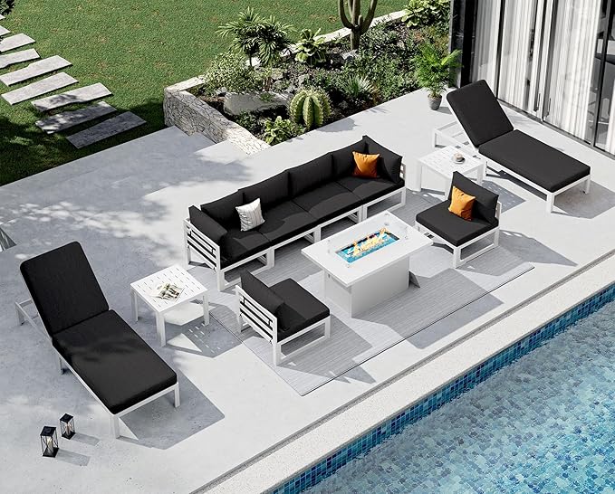 NICESOUL 11 Pcs Oversized Modern Aluminum Patio Furniture Set, All Weather Modular Sectional Sofa with Lounger & Fireplace, 500 lbs Heavy Duty Comfortable Outdoor Couch for Poolside Backyard, Black