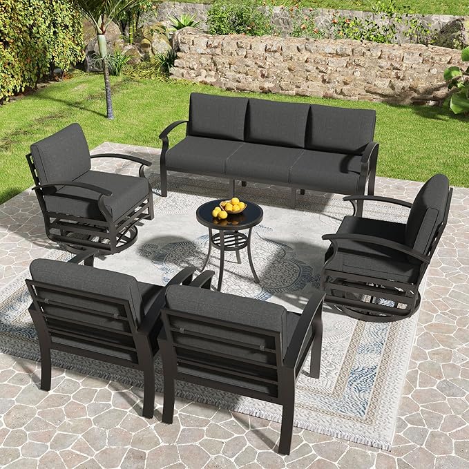 Kullavik Aluminum Patio Furniture Set,6 Pieces 7 Seat Sectional Metal Outdoor Furniture Conversation Set w/5.1" Cushions,Swivel Rocking Chairs Set,Black