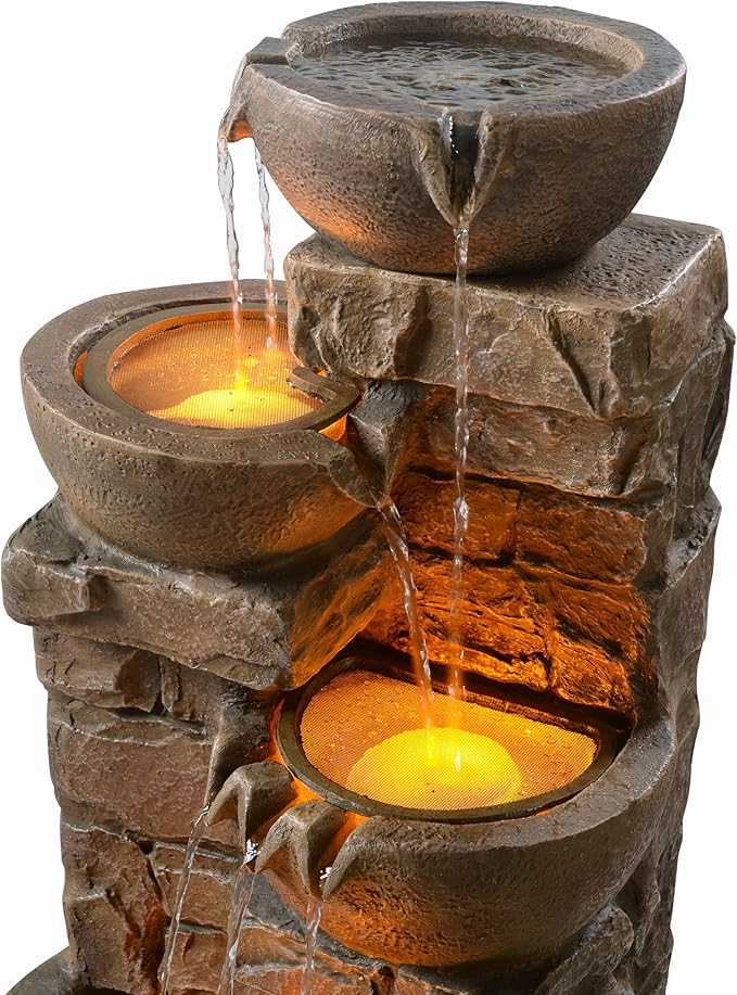 Teamson Home 33.27" Outdoor Freestanding Water Fountain with LED Lights, Cascading Bowls & Stacked Stones, Floor Fountain for Patio, Garden, Balcony, Lawn, Yard Decor, Brown Polyresin