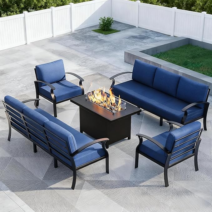 Aluminum Outdoor Patio Furniture Set,5 Pieces 8 Seats Patio Conversation Sets with 45" Propane Fire Pit Table,Metal Patio Sectional Furniture Set w/5.1" Cushions for Deck,Backyard,Navy Blue