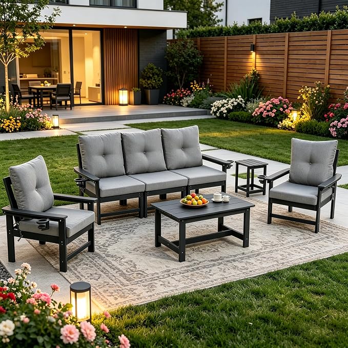 HDPE Outdoor Patio Furniture Set, 7 PCs All Weather Performance Patio Conversation Set w/Back and Seat Cushions, Free Combination Outdoor Furniture for Patio, Lawn, Poolside, Backyard, Grey