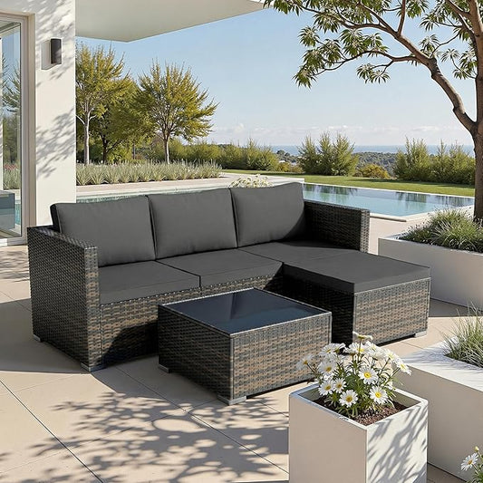 WWR Patio Furniture Set- All-Weather, Thick Cushions & Wide Armrests -5 Piece Outdoor Patio Conversation Couch Sets, Wicker Rattan Outdoor Sectional Sofa for Garden, Patio, Poolside