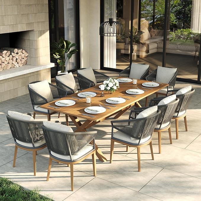 LayinSun 11 Piece Outdoor Dining Table Set, Aluminum Modern Rectangular Dining Table and All-Weather Wicker Chairs Set for Patio Deck Indoor Decor Kitchen