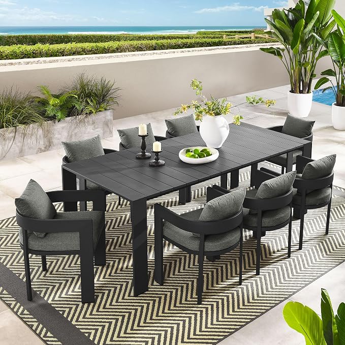 Modway Tahoe Outdoor Patio Powder-Coated Aluminum 9-Piece Dining Set in Gray Gray - Rectangular Patio Furniture Set for 8 - Outside Table with Umbrella Hole and Cushioned Chairs - Modern Patio Set