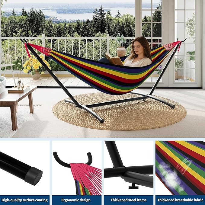 Double Hammocks with Stand for Outside, Portable Space Saving Heavy-Duty Steel Stand for Indoor Outdoor Patio with Carrying Bag, 450 lbs Capacity