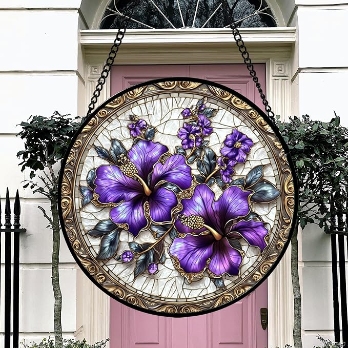 DASTOLL Stained Glass Window Hanging, Purple Flowers Romantic Suncatcher for Doors Home Sun Catchers Decoration and Christmas, Mother's Day Birthday Gifts for Women, Men, and Mom 14.9x14.9 in