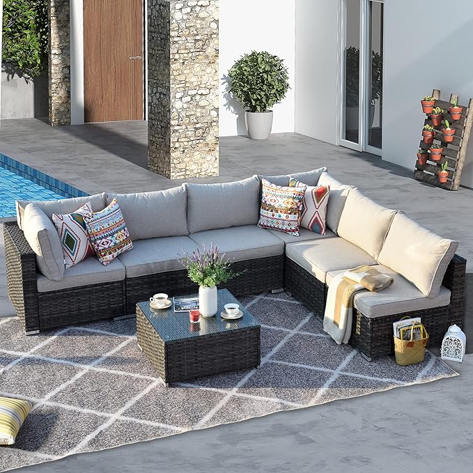 HOOOWOOO Patio Outdoor Sectional Furniture Sofa Set,7 Piece U Shaped Corner Wicker Rattan Couch Set,Rustic 6 Persons Summer Patio Conversation Set for Outside Porch Deck Garden(Beige Tan)