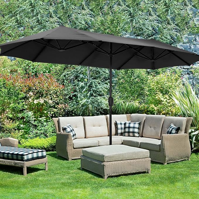 Ainfox 13ft Rectangle Patio Umbrella with Base, Double-Sided Twin Outdoor Market Umbrella with Crank & 1.5" Pole, Black