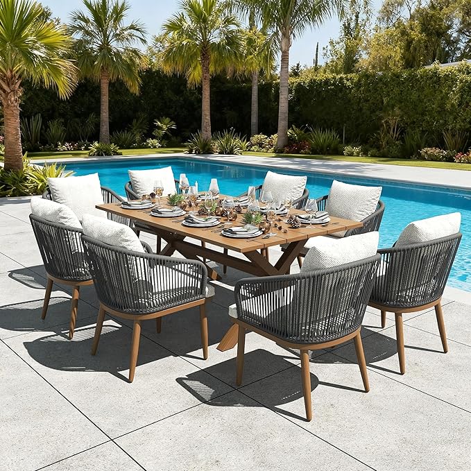 LayinSun 9 Pieces Outdoor Patio Dining Set, Aluminium Rectangular Dining Table and Wicker Rattan Chairs Set for Outside Backyard, Poolside
