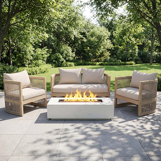 Christopher Knight Home 4-Piece Acacia Wood Patio Furniture Set, Mid-Century Modern Outdoor Conversation Set with Loveseat, Curved Club Chairs, Cushions & MgO Fire Pit for Backyard, Light Teak+White