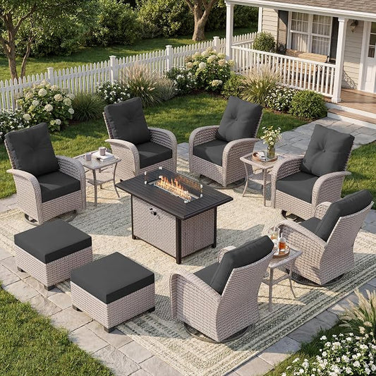 12-Piece Patio Furniture Set, Outdoor Swivel Rocking Chairs Set with 55,000 BTU Fire Pit Table,All Weather Conversation Set for Porch Poolside Balcony