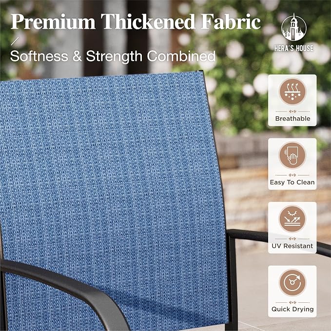 HERA'S HOUSE 7pc Patio Dining Set, Metal Table with PVC Top, Blue Chairs | 61" rectangular table with umbrella hole, 6 textilene chairs. Waterproof, rust-resistant, all-weather for yard, porch