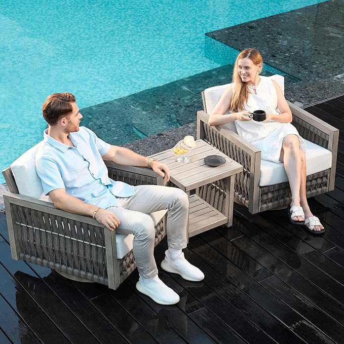 2 Pieces Patio Swivel Chair, Rope Weave Outdoor Chair with Widened Armrests & Thick Cushions, All-Weather Never-Rust Aluminum Deep Seating Armchair for Garden, Porch, Deck, Gray Oak