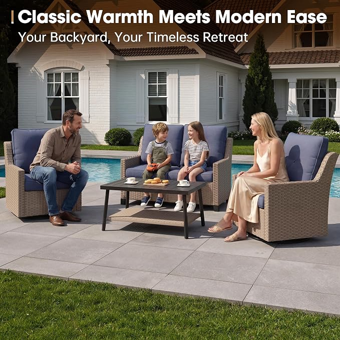 NestNook 4 Piece Patio Furniture Set, Outdoor Rattan Swivel Glider Chairs Set of 2 with Loveseat and Coffee Table Wicker Patio Conversation Set for Backyard Balcony & Poolside（Blue）