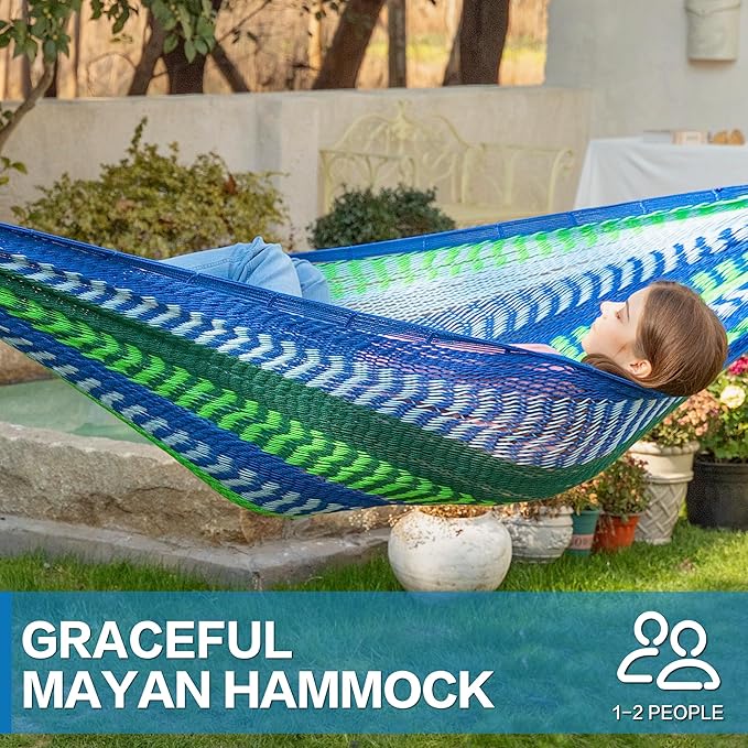 PNAEUT Handwoven Mayan Hammock, Thick Soft Rope Double Hammock for Outdoor Outside & Indoor, 600 lbs Capacity Heavy-Duty, Includes Tree Straps, Carabiners & Carry Bag(Lake Superior, X-Large)
