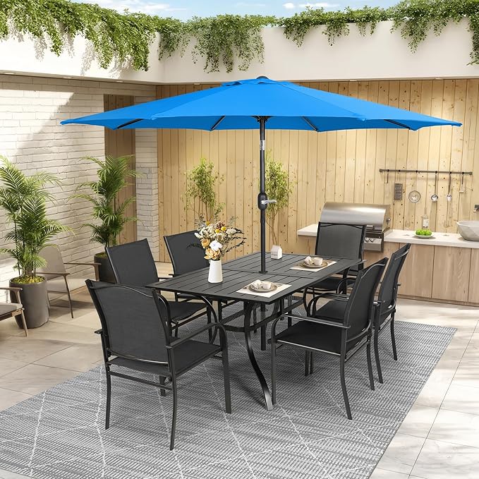 Crownland 7 Piece Patio Dining Set, Outdoor Textilene Dining Sets, 6 Textilene Metal Chairs and Rectangular Outdoor Dining Table with Sky Blue 9FT Round Outdoor Umbrella (Black)