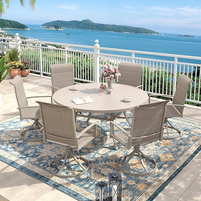 Outdoor Dining Set for 6, 50" Outdoor Dining Table with Umbrella Hole and Padded Textilene Patio Swivel Chairs, 7 Pieces Patio Table and Chairs Set for Garden Backyard, Sandshell