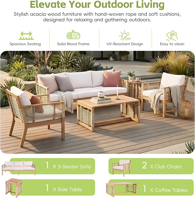 KLMM 5-Piece Patio Acacia Wood Sofa Set,Outdoor Hand Woven Rope Conversation Set with 3 Seater Sofa,2 Chairs and 2 Coffee Tables,for Garden Backyard Poolside (Teak+ Beige-pa)