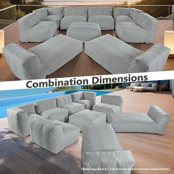 Patio Furniture Set, 9 Pcs Outdoor Conversation Set with Bean Bag Middle Chairs, Corner Chair, Ottomans, Modern Foam Couch Set for Garden, Deck, Balcony (9, Light Gray)