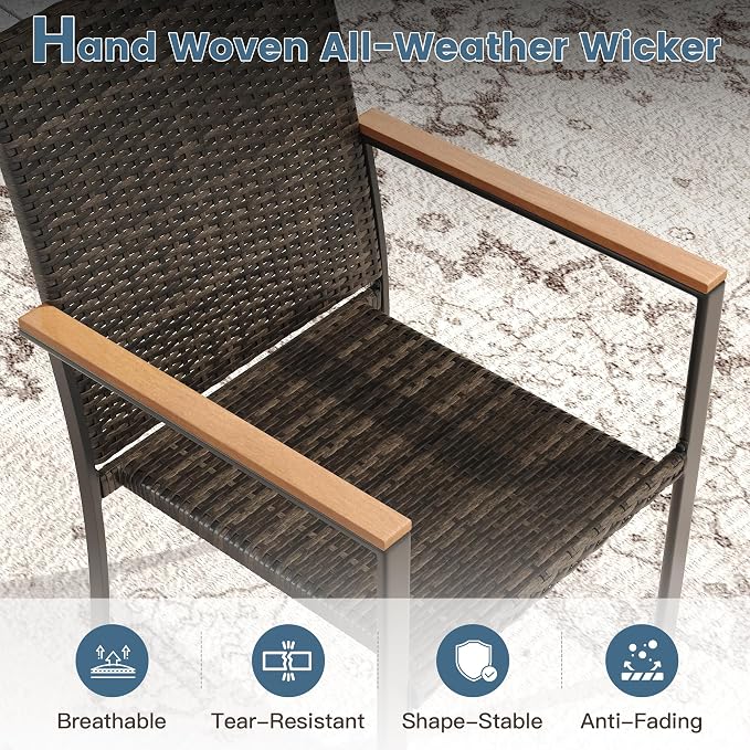 DIFY 5 Piece Patio Dining Set for 4, Wicker Stackable Patio Chairs & 37.8" Square Black Metal Dining Table with Umbrella Hole, All Weather Outdoor Table and Chairs Set for Deck Garden Backyard
