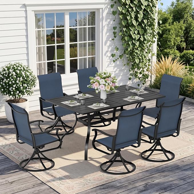 Crownland 7 Piece Furniture Patio Dining Set, 6 Swivel Metal Chairs and Rectangular Outdoor Dining Table with 1.57" Umbrella Hole, Outdoor Furniture Dining Set for Lawn, Backyard, Garden(Blue)