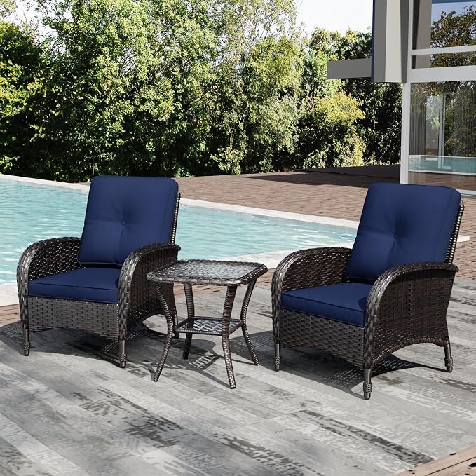 Joyside Wicker Patio Chairs, 3 Piece Rattan Outdoor Furniture with Thickened Cushions, High Back, Deep Seating, Wide Armrest, Outdoor Chairs for Porch, Deck
