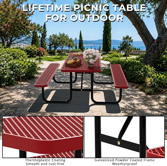 6FT Rectangular Steel Outdoor Picnic Table, Commercial Picnic Table Bench Set with Umbrella Hole, Weather-Resistant Heavy Duty School Dining Table for Stores, Park, Patio, Garden, Backyard, Red