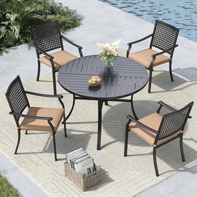 MFSTUDIO Round Patio Table and Chairs，Metal Outdoor Dining Set for 4 with Umbrella Hole, 5 Piece Patio Furniture Set for Deck, Backyard, Poolside & Garden