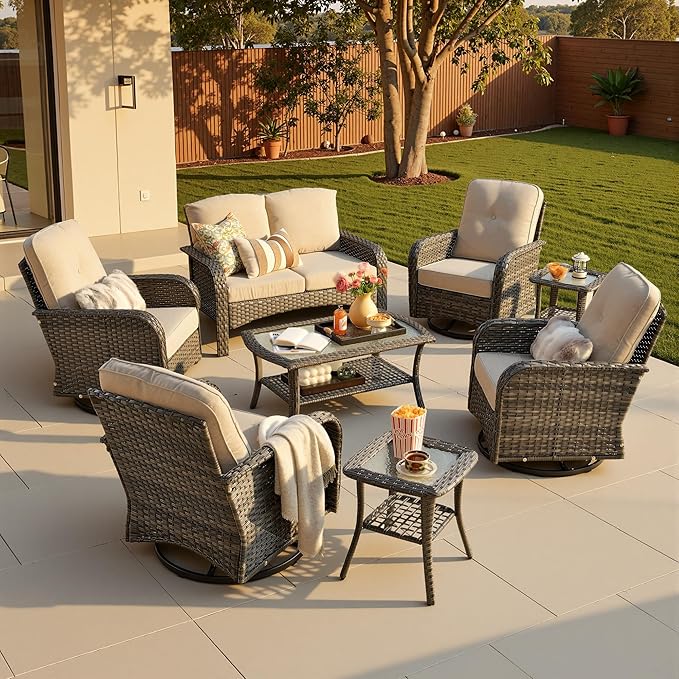 8-Piece Patio Furniture Set, Outdoor Wicker Furniture with Coffee Table, High Back Swivel Rocker Patio Chairs, Modern Rattan Outdoor Chairs Conversation Set for Porch, Balcony, Garden, Beige