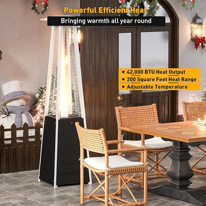 LUCKYERMORE Pyramid Patio Heater Outdoor, 42,000 BTU Wind-Resistance Quartz Glass Tube Flame Heater with Wheels Propane, Black