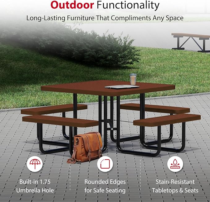 Leisure Craft Metal Picnic Table with Bench - 46" Square Outdoor Dining Table for 8 with Umbrella Hole, Weatherproof Heavy Duty Thermoplastic Coating, Commercial Grade Furniture Made in USA - Brown